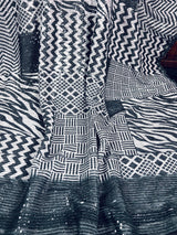 Digital Printed Sequin Saree in Pearl White with Black and Grey | Sequin Party Wear Saree in USA | Black Sequence Party Wear Saree - Kaash