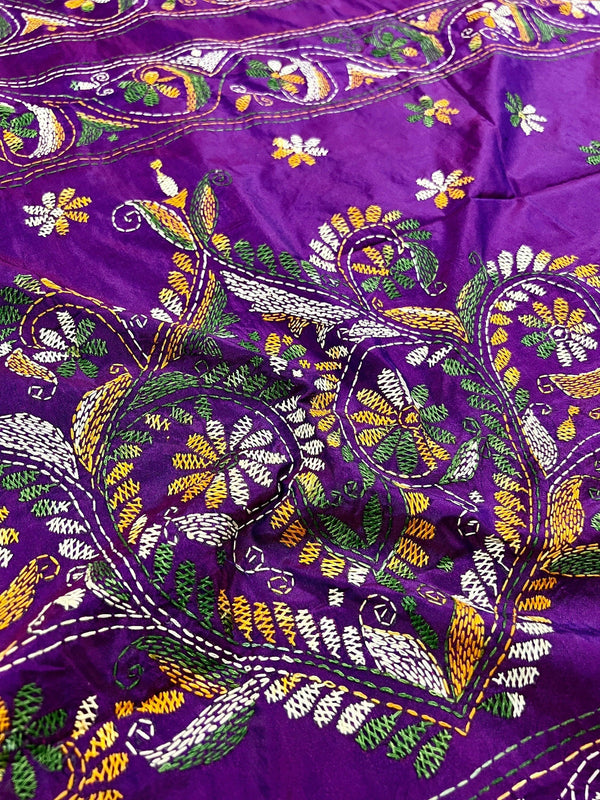 Dual Tone Purple Color Bangalori Silk Saree with Hand Kantha Stitch | Handwoven Kantha Stitch Sarees | Kantha Saress | Bengal Sarees - Kaash