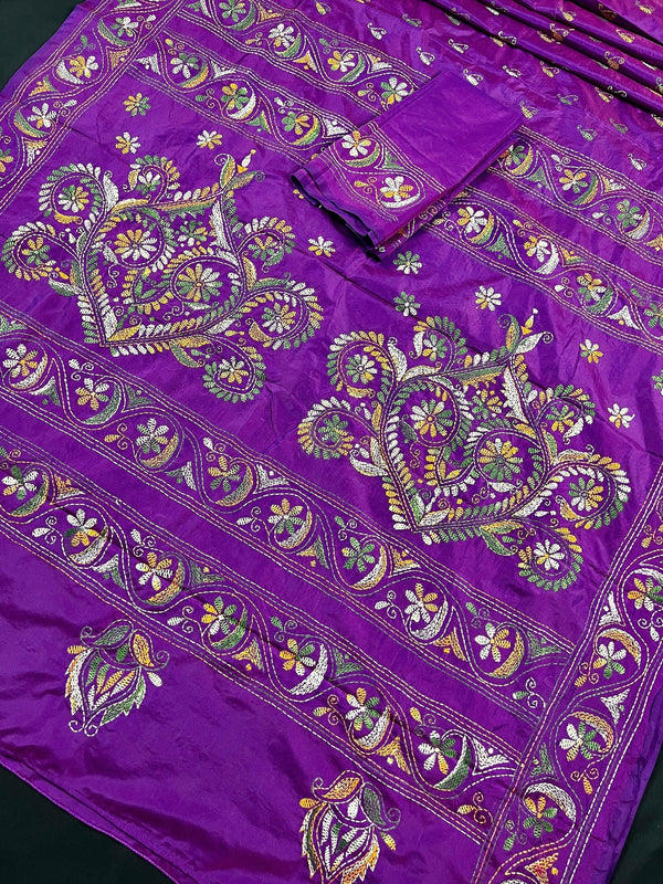 Dual Tone Purple Color Bangalori Silk Saree with Hand Kantha Stitch | Handwoven Kantha Stitch Sarees | Kantha Saress | Bengal Sarees - Kaash