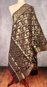 Eggplant Banarasi Floral Soft Silk dupatta in soft silk (non-pure) with floral jaal with muted gold zari — Kaash Collection