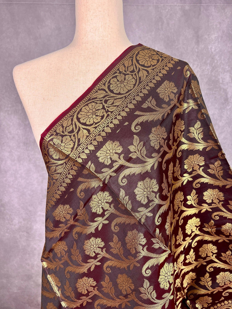Eggplant Banarasi Floral Soft Silk dupatta in soft silk (non-pure) with floral jaal with muted gold zari — Kaash Collection