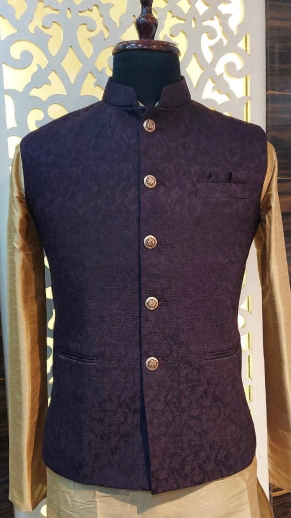Eggplant Color Modi Nehru Jacket For Men | Mens Jacket | Jacket for Kurta | Raw Silk Jackets for Men Kurta | Waistcoat | Party Wear for Men - Kaash