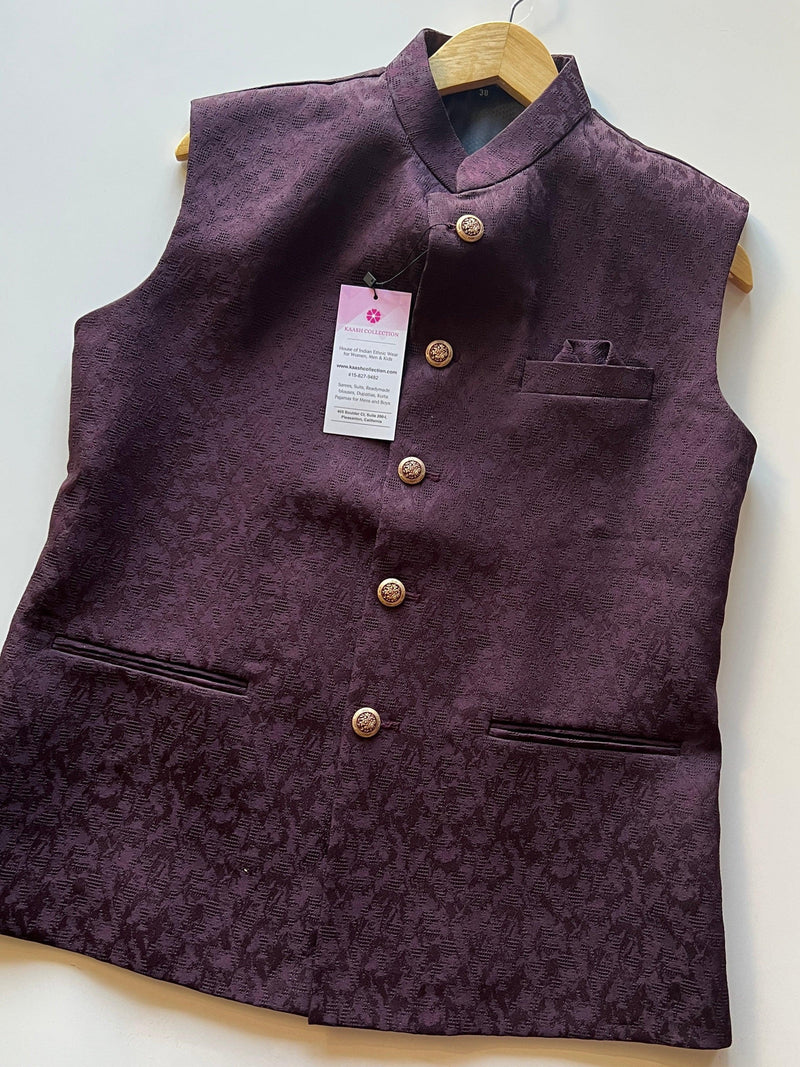 Eggplant Color Modi Nehru Jacket For Men | Mens Jacket | Jacket for Kurta | Raw Silk Jackets for Men Kurta | Waistcoat | Party Wear for Men - Kaash