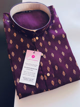 Eggplant men's kurta pajama in pure cotton with small gold buttis on cotton — Kaash Collection