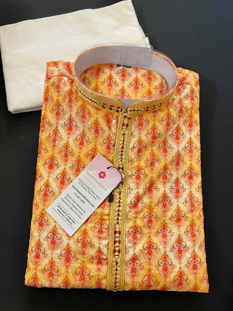 Exclusive and Premium Designer Yellow Color Chikankari Embroidery Men Kurta Pajama | Sequin Work, Mirrors & Block Prints | Wedding Kurta - Kaash