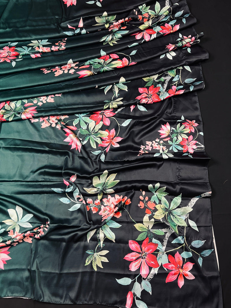 Floral Bottle Green and Black half n half Saree with Floral Prints in Japanese Satin Silk Material | Gift For Her - Kaash