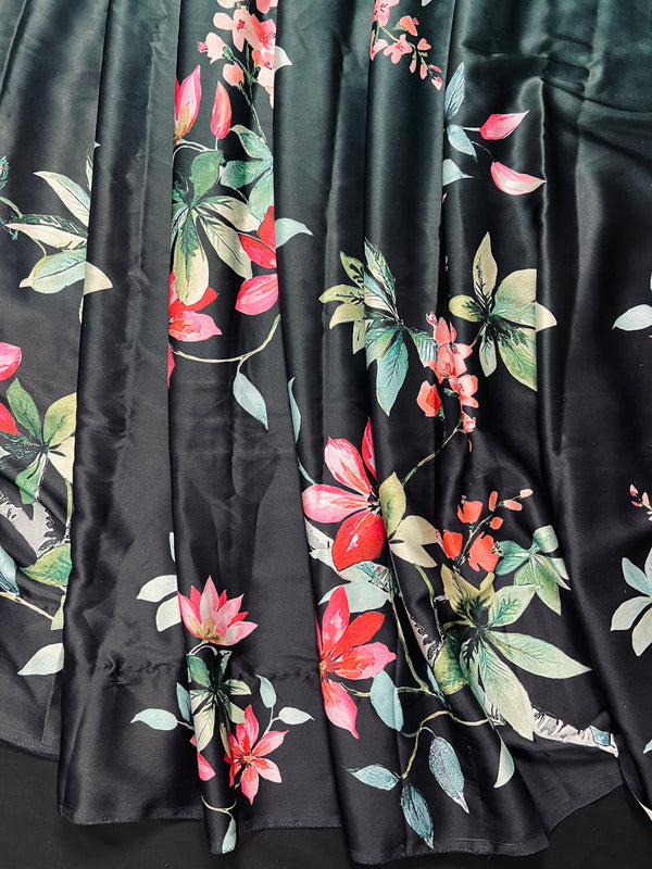 Floral Bottle Green and Black half n half Saree with Floral Prints in Japanese Satin Silk Material | Gift For Her - Kaash