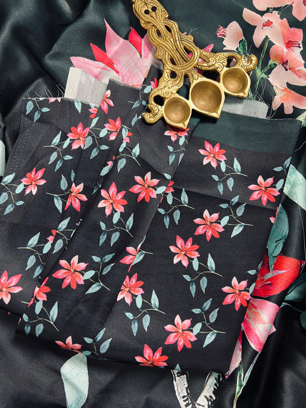 Floral Bottle Green and Black half n half Saree with Floral Prints in Japanese Satin Silk Material | Gift For Her - Kaash