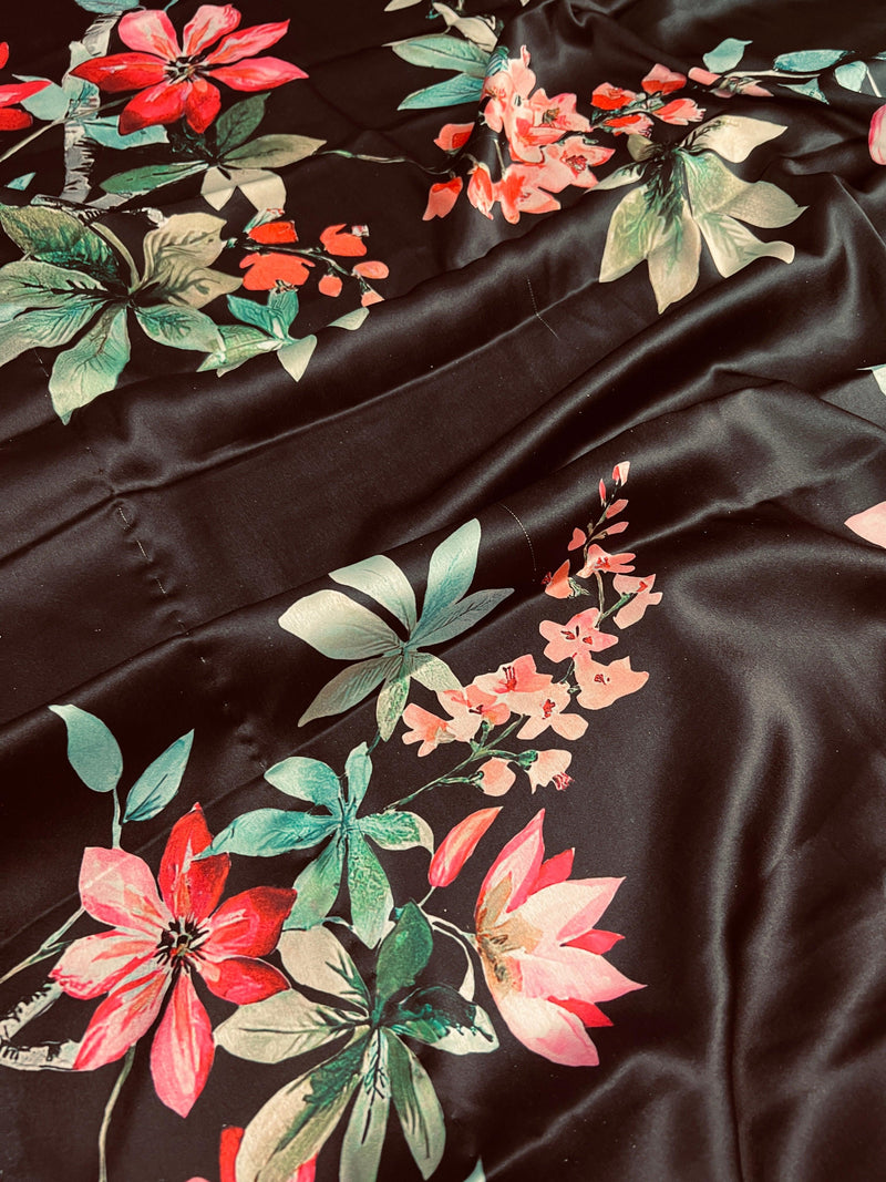 Floral Bottle Green and Black half n half Saree with Floral Prints in Japanese Satin Silk Material | Gift For Her - Kaash