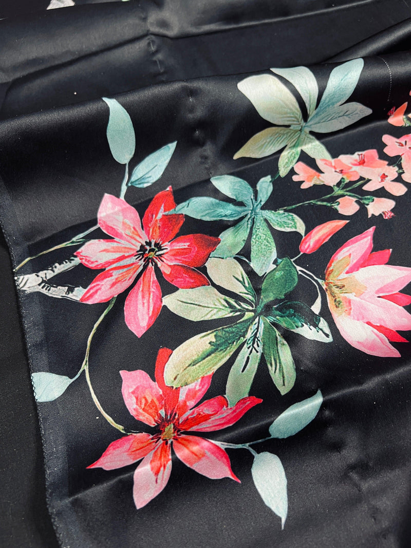 Floral Bottle Green and Black half n half Saree with Floral Prints in Japanese Satin Silk Material | Gift For Her - Kaash