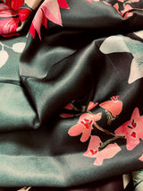 Floral Bottle Green and Black half n half Saree with Floral Prints in Japanese Satin Silk Material | Gift For Her - Kaash