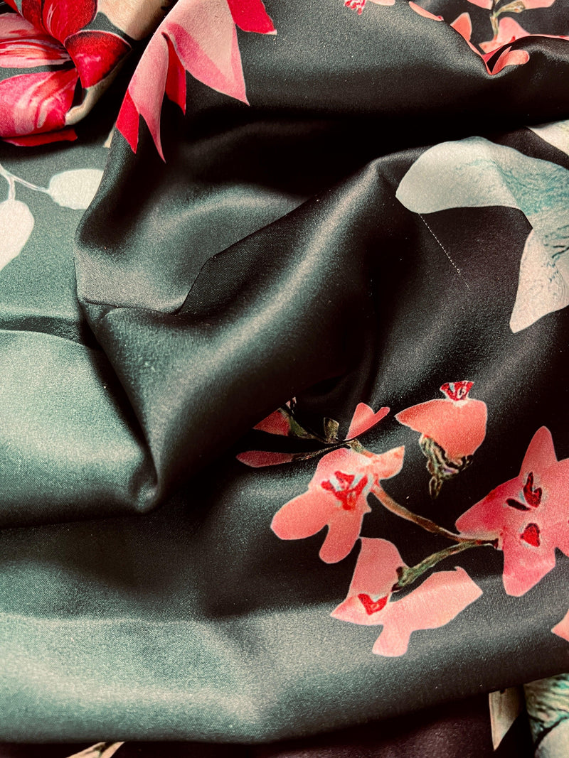 Floral Bottle Green and Black half n half Saree with Floral Prints in Japanese Satin Silk Material | Gift For Her - Kaash