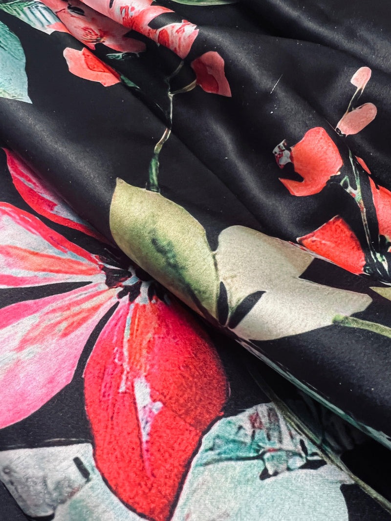 Floral Bottle Green and Black half n half Saree with Floral Prints in Japanese Satin Silk Material | Gift For Her - Kaash