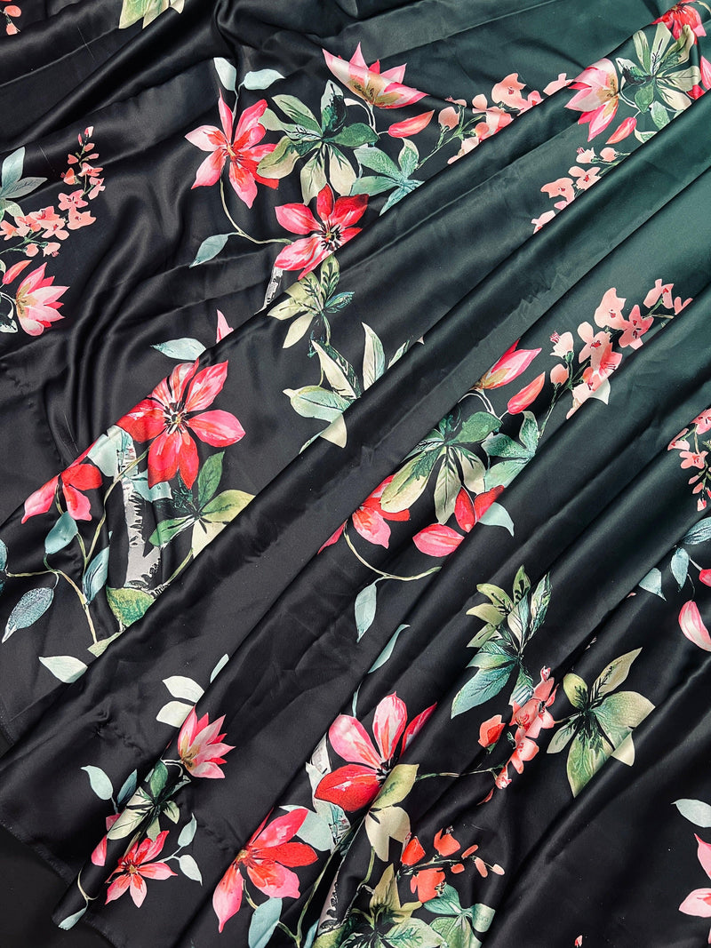 Floral Bottle Green and Black half n half Saree with Floral Prints in Japanese Satin Silk Material | Gift For Her - Kaash