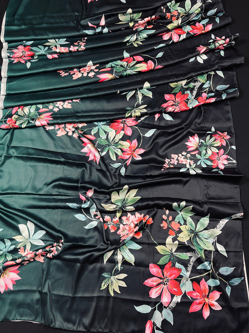 Floral Bottle Green and Black half n half Saree with Floral Prints in Japanese Satin Silk Material | Gift For Her - Kaash