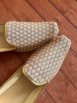 Gold handmade men's jutti / mojari wedding shoes in brocade with traditional brocade weaving — Kaash Collection