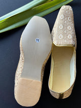 Gold handmade men's jutti / mojari wedding shoes in brocade with traditional brocade weaving — Kaash Collection