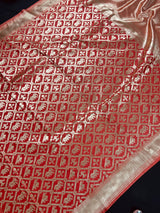 Peach Banarasi saree in handloom banarasi silk with animal & bird motifs with simple pallu — Kaash Collection