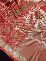 Peach Banarasi saree in handloom banarasi silk with animal & bird motifs with simple pallu — Kaash Collection