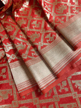Peach Banarasi saree in handloom banarasi silk with animal & bird motifs with simple pallu — Kaash Collection