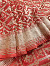 Peach Banarasi saree in handloom banarasi silk with animal & bird motifs with simple pallu — Kaash Collection