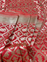 Peach Banarasi saree in handloom banarasi silk with animal & bird motifs with simple pallu — Kaash Collection