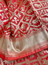 Peach Banarasi saree in handloom banarasi silk with animal & bird motifs with simple pallu — Kaash Collection
