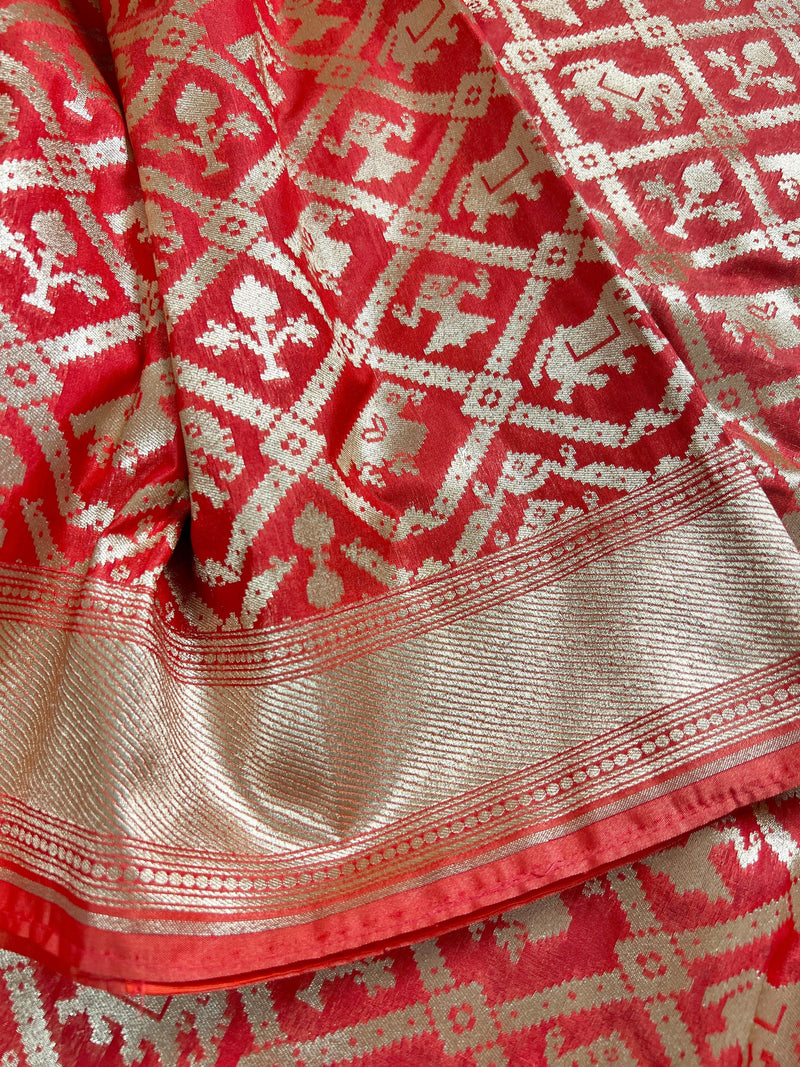 Gorgeous Peach Color Traditional Banarasi Silk handloom Saree with animal and birds Figures | Banarasi Silk Saree | Kaash Collection - Kaash