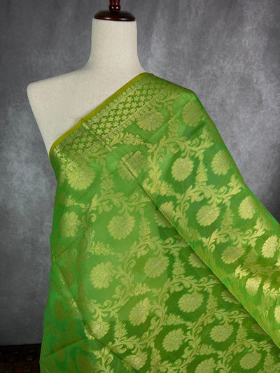 Green Semi Silk Floral Jaal dupatta in soft silk (non-pure) with floral jaal with muted gold zari — Kaash Collection