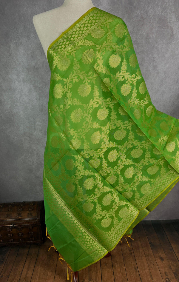 Green Color Benarasi Handwoven Semi Silk Dupatta with Muted Gold Zari Weaving | Dupatta | Stole | Scarf | Dupattas for Wedding - Kaash