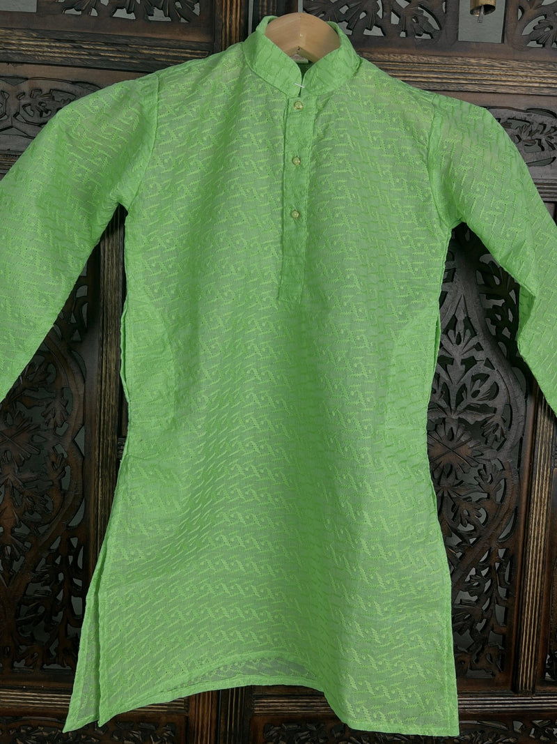 Green Boys Cotton Chikankari 2-piece kurta pajama set for boys with lucknowi chikankari on cotton — Kaash Collection