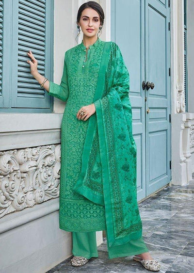 Green Color Georgette Lucknowi Palazzo Salwar Kameez - Kaash