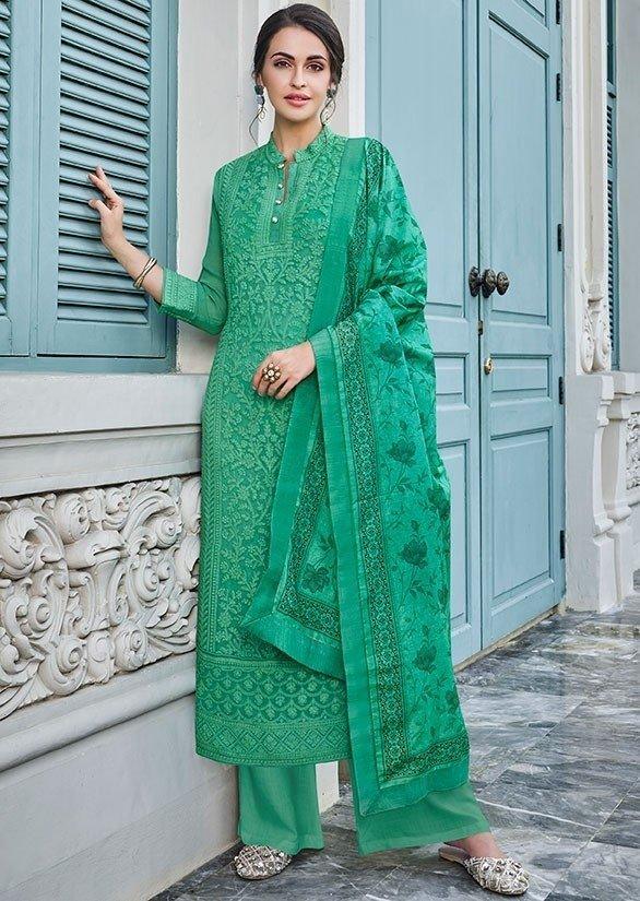 Green Color Georgette Lucknowi Palazzo Salwar Kameez - Kaash
