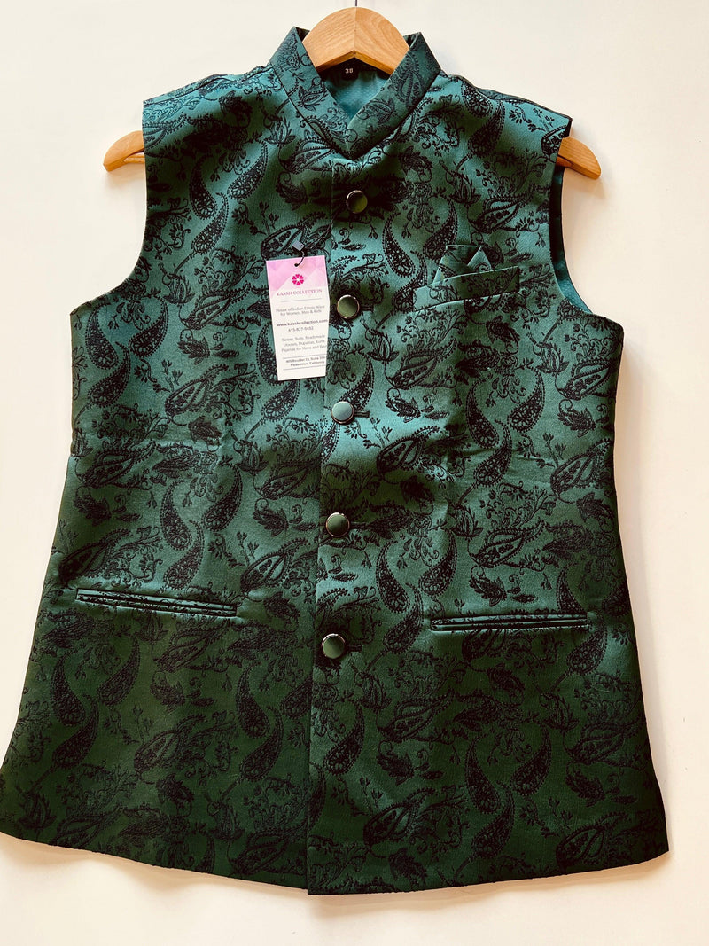 Green Color Modi Nehru Jacket For Men with black thread embroidery | Jacket for Kurta | Silk Jacquard Mens Kurta Jackets | Waistcoat - Kaash