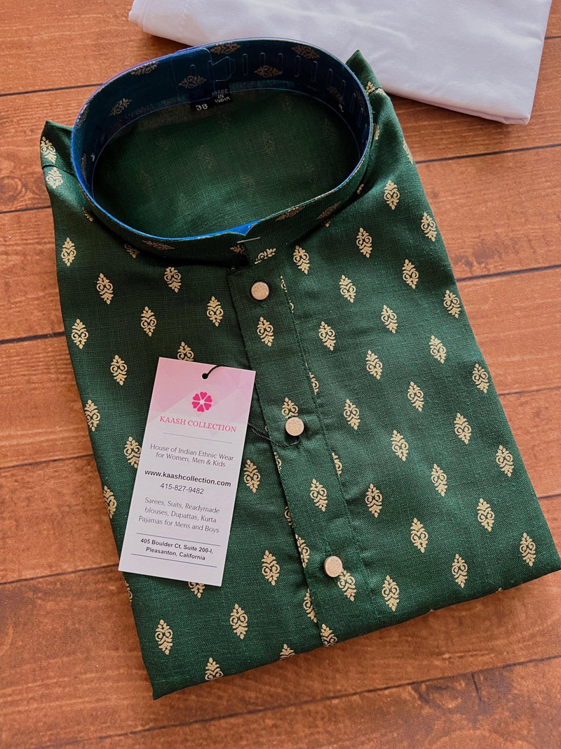 Green men's kurta pajama in pure cotton with small gold buttis on cotton — Kaash Collection