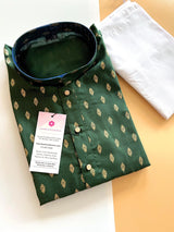 Green men's kurta pajama in pure cotton with small gold buttis on cotton — Kaash Collection