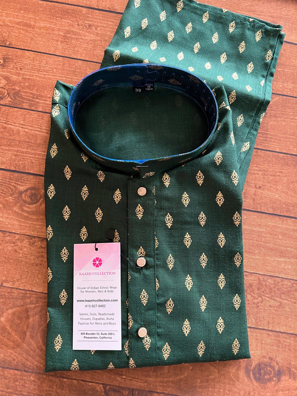 Green Color Premium Pure Cotton Kurta Pajama Set for Men with small Self design Buttis - Kaash