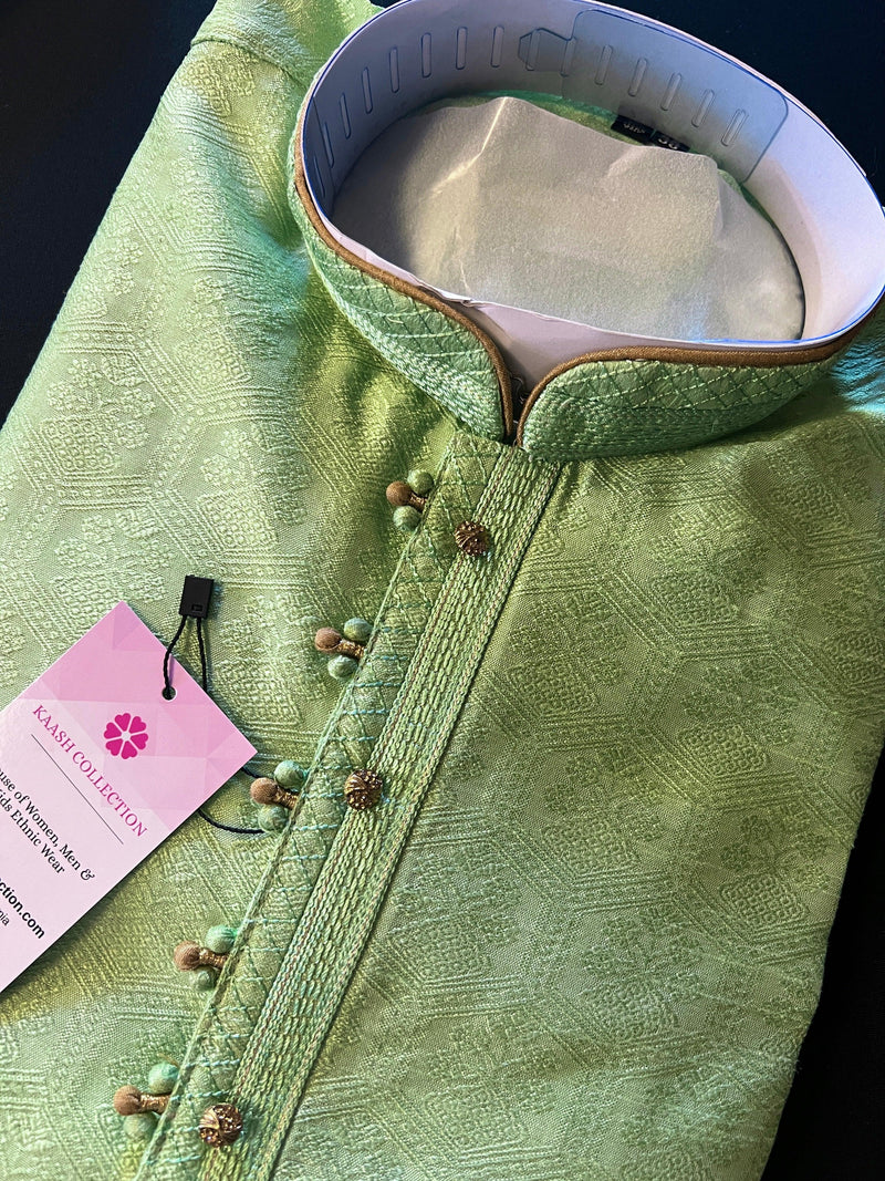 Green Color Raw Silk Indian Men Kurta Pajama 2pcs Set - Kaash