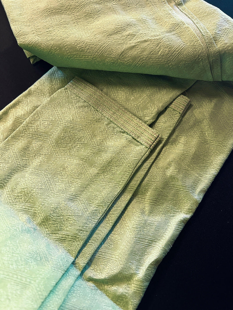 Green Color Raw Silk Indian Men Kurta Pajama 2pcs Set - Kaash