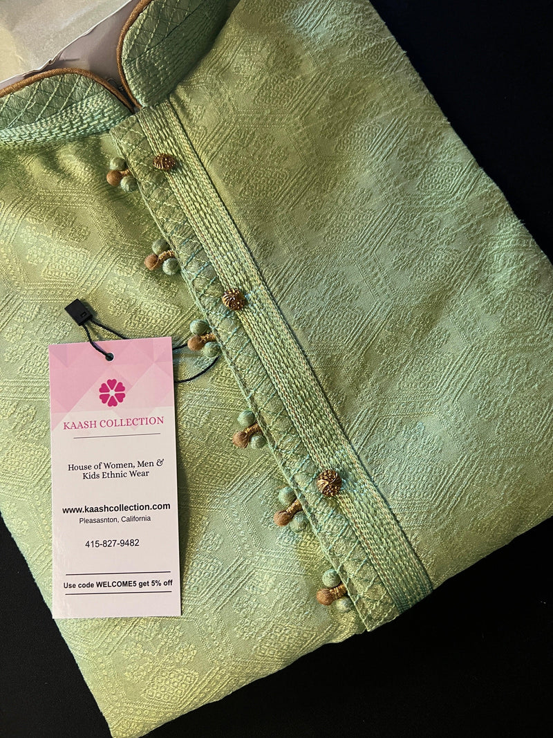 Green Color Raw Silk Indian Men Kurta Pajama 2pcs Set - Kaash