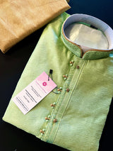 Green Color Raw Silk Indian Men Kurta Pajama 2pcs Set - Kaash