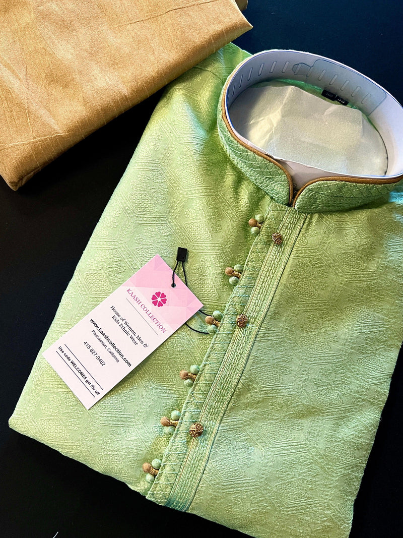 Green Color Raw Silk Indian Men Kurta Pajama 2pcs Set - Kaash
