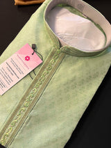 Green Color Raw Silk Men Kurta Pajama Set with embroidery neckline | Mens Ethnic Wear| Indian and Pakistani Mens Wear | Kaash - Kaash