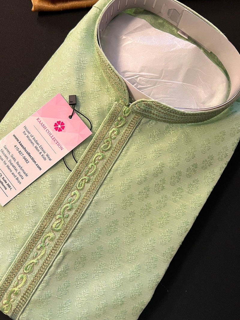Green Color Raw Silk Men Kurta Pajama Set with embroidery neckline | Mens Ethnic Wear| Indian and Pakistani Mens Wear | Kaash - Kaash