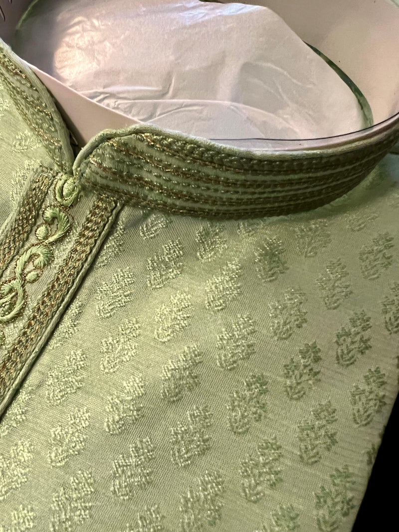 Green Color Raw Silk Men Kurta Pajama Set with embroidery neckline | Mens Ethnic Wear| Indian and Pakistani Mens Wear | Kaash - Kaash