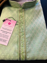 Green Color Raw Silk Men Kurta Pajama Set with embroidery neckline | Mens Ethnic Wear| Indian and Pakistani Mens Wear | Kaash - Kaash