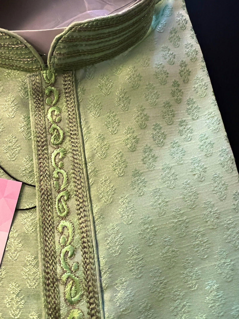 Green Color Raw Silk Men Kurta Pajama Set with embroidery neckline | Mens Ethnic Wear| Indian and Pakistani Mens Wear | Kaash - Kaash
