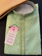 Green Color Raw Silk Men Kurta Pajama Set with embroidery neckline | Mens Ethnic Wear| Indian and Pakistani Mens Wear | Kaash - Kaash