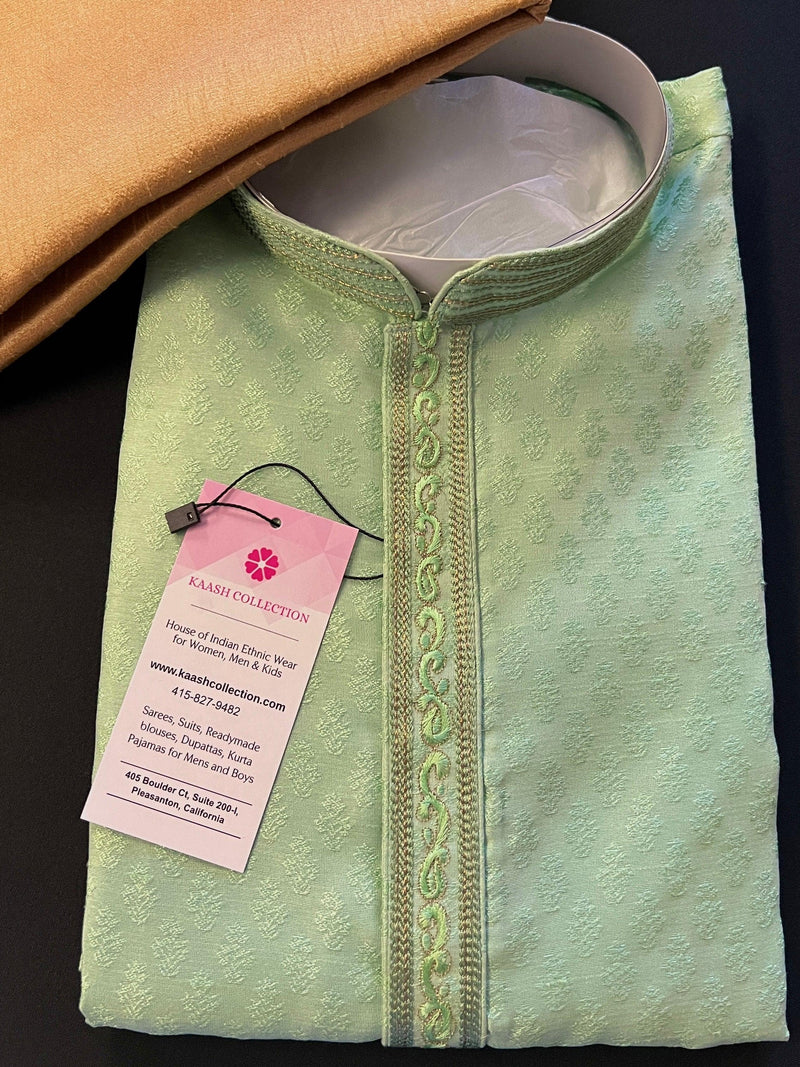 Green Color Raw Silk Men Kurta Pajama Set with embroidery neckline | Mens Ethnic Wear| Indian and Pakistani Mens Wear | Kaash - Kaash
