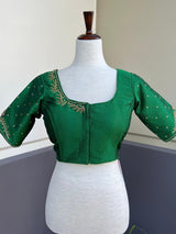 Green Color Ready to Wear Blouse in Raw Silk - Kaash